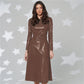 Vireous Faux Leather Long-Sleeve Elegant Dress, Round Neck, Belted