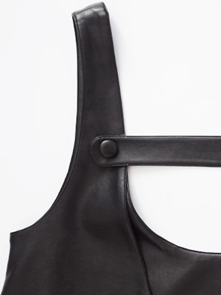 Black Faux-Leather Midi Dress, Avant Garde Loose Strap Dress, Plus Sizes