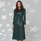 Vireous Faux Leather Long-Sleeve Elegant Dress, Round Neck, Belted