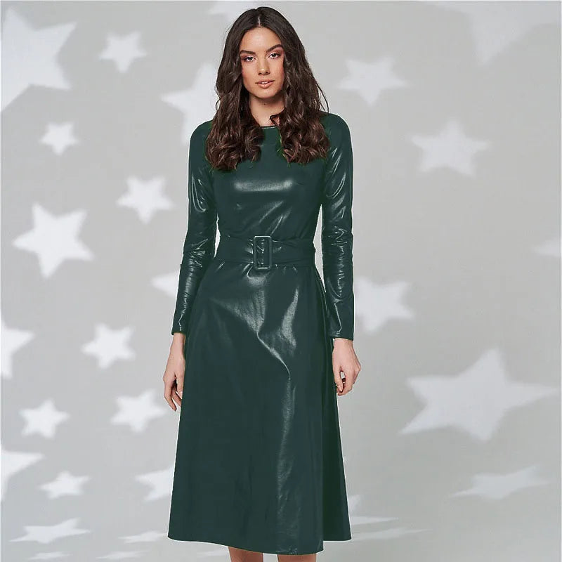 Vireous Faux Leather Long-Sleeve Elegant Dress, Round Neck, Belted