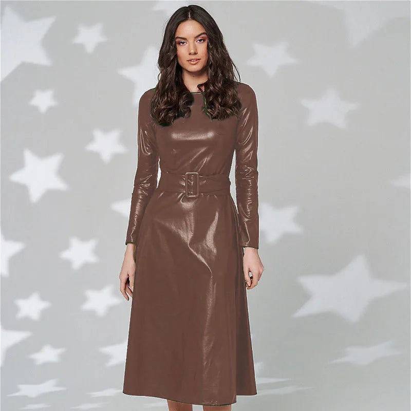 Vireous Faux Leather Long-Sleeve Elegant Dress, Round Neck, Belted