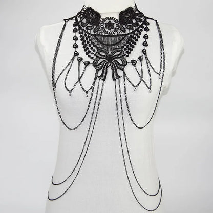 Dark Cross Black Lace  Body Chain, Layered Necklace