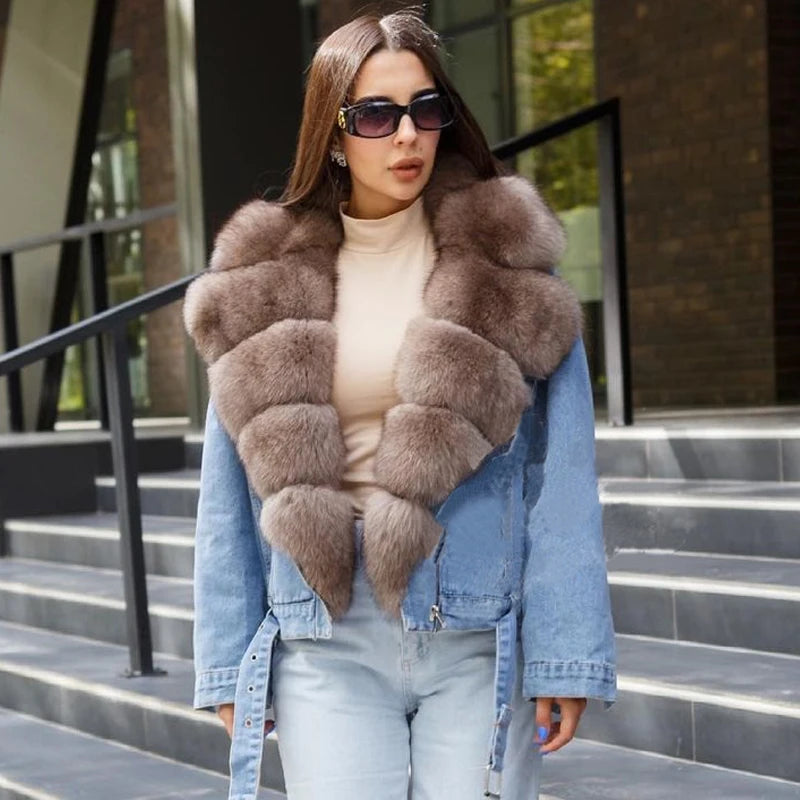 Women's Real Fox Fur Luxury Denim Short Coat