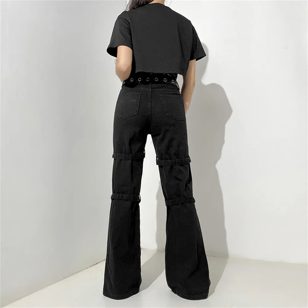 Women's Gothic Emo Alt Pants, Techwear, Hippie Baggy Jeans in Black