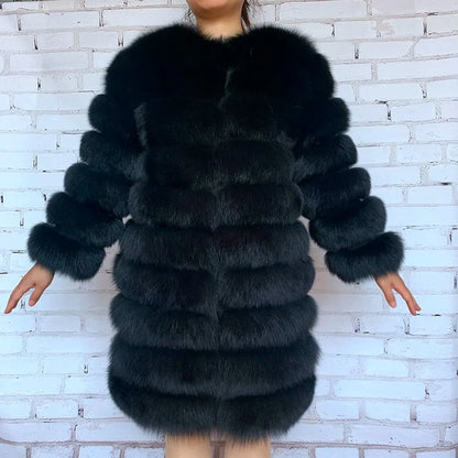 Avant Garde Ribbed Round-Neck Luxury Real Fox Fur Coat