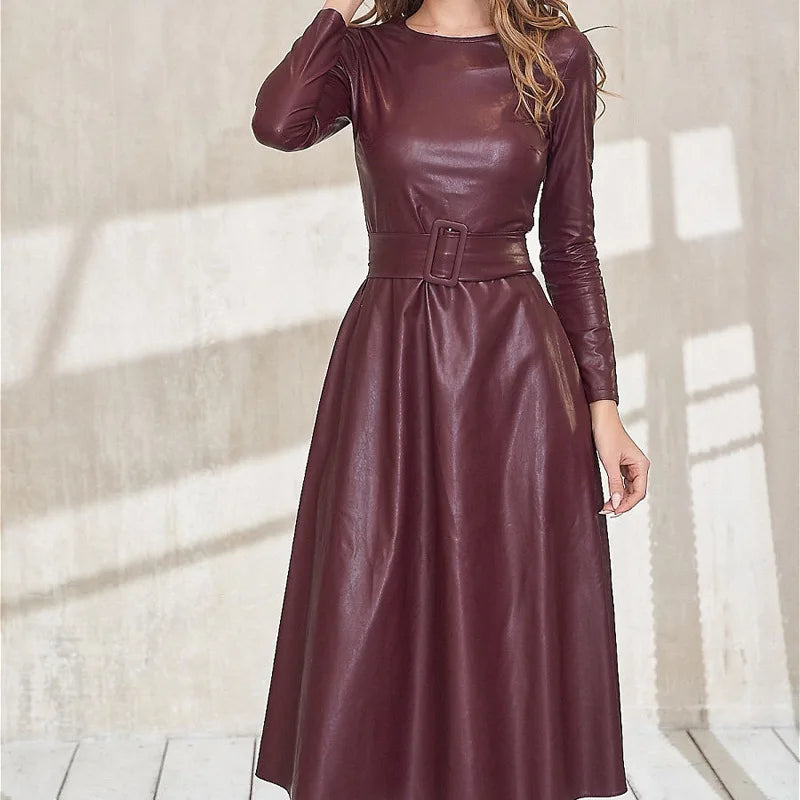 Vireous Faux Leather Long-Sleeve Elegant Dress, Round Neck, Belted