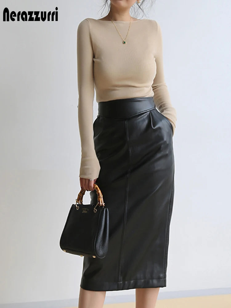 Nerazzurri High-Waist Faux Leather Fashion Skirt, Plus Sizes