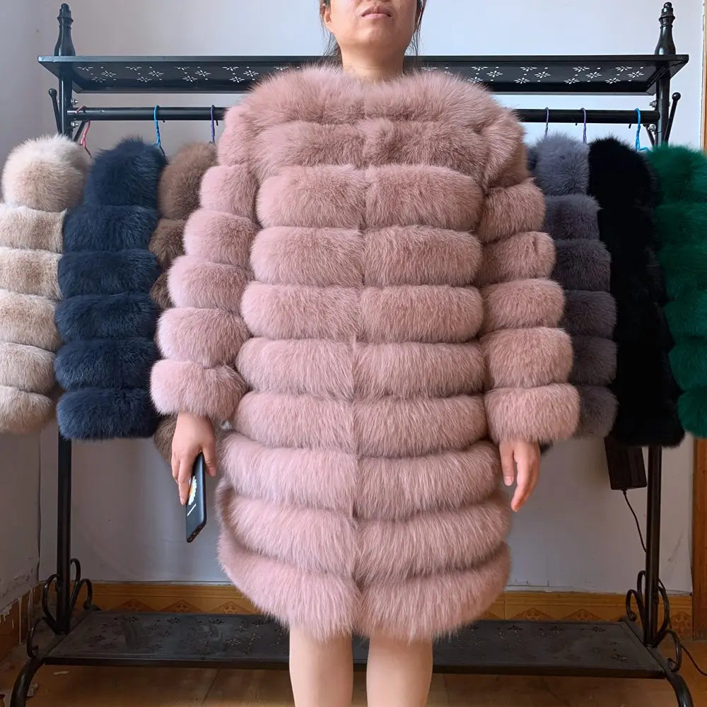 Avant Garde Ribbed Round-Neck Luxury Real Fox Fur Coat