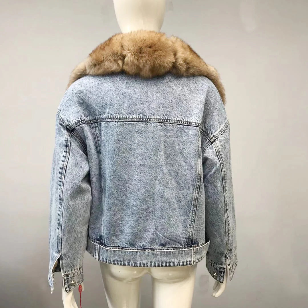 Women's Real Fox Fur Luxury Denim Short Coat