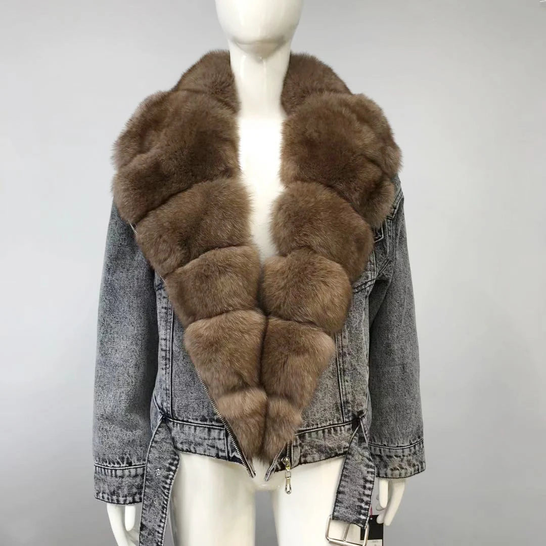 Women's Real Fox Fur Luxury Denim Short Coat