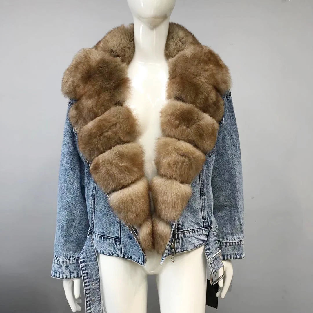 Women's Real Fox Fur Luxury Denim Short Coat