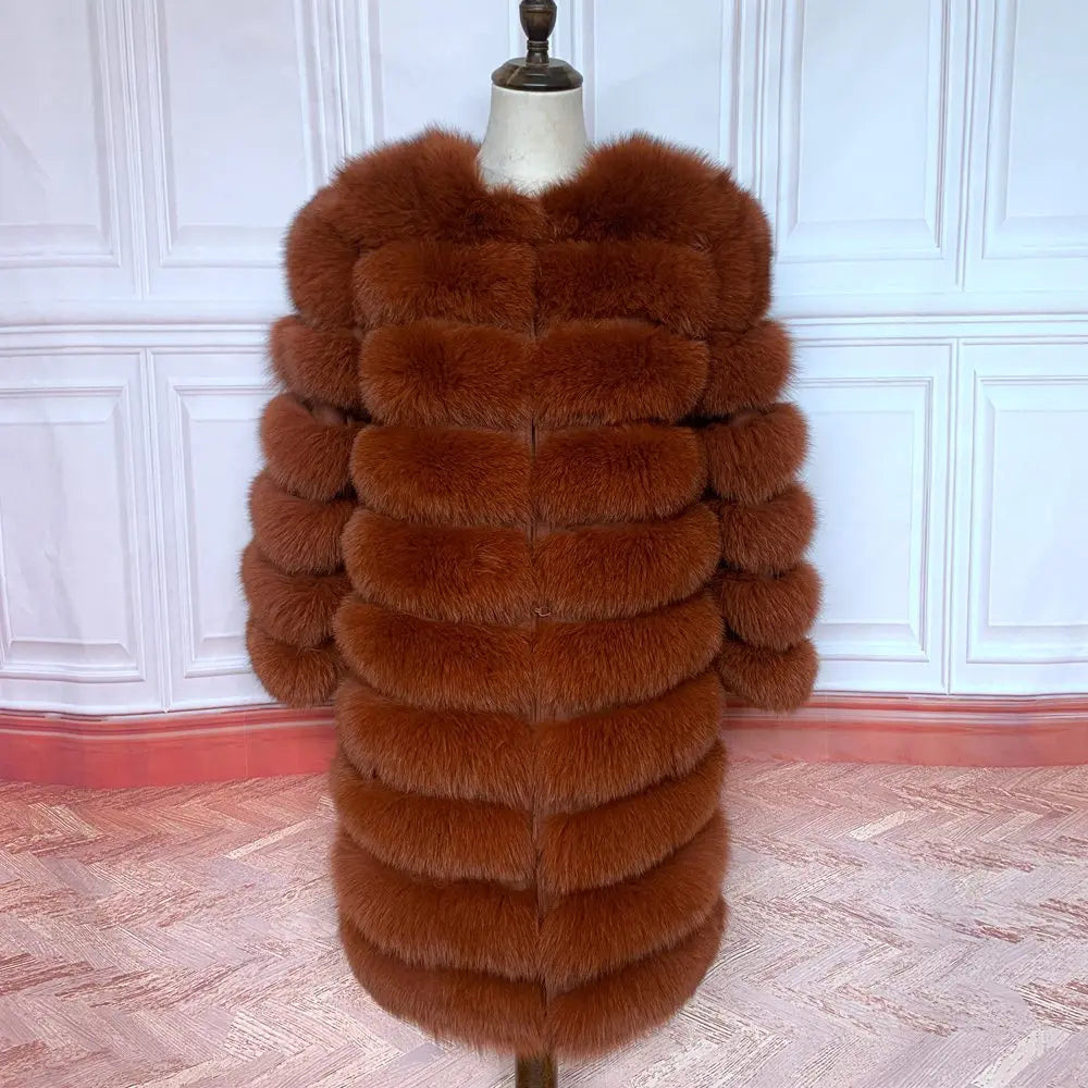 Avant Garde Ribbed Round-Neck Luxury Real Fox Fur Coat