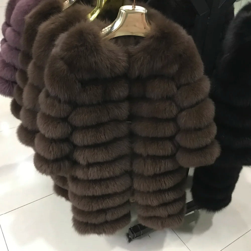 Avant Garde Ribbed Round-Neck Luxury Real Fox Fur Coat