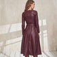 Vireous Faux Leather Long-Sleeve Elegant Dress, Round Neck, Belted