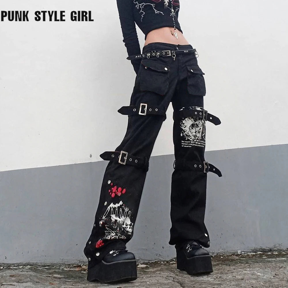 Women's Gothic Emo Alt Pants, Techwear, Hippie Baggy Jeans in Black