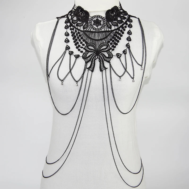 Dark Cross Black Lace  Body Chain, Layered Necklace