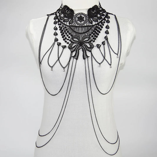 Dark Cross Black Lace  Body Chain, Layered Necklace