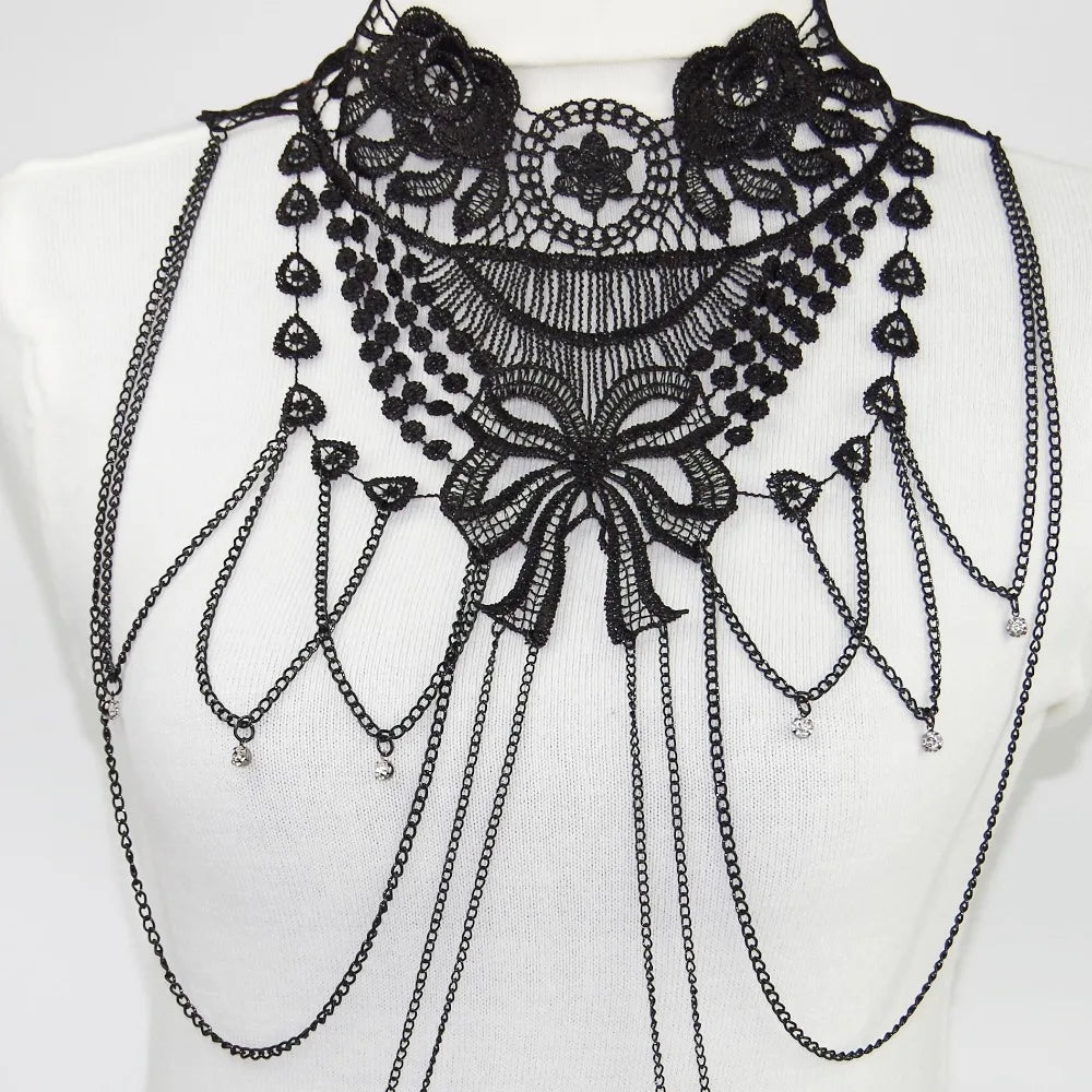 Dark Cross Black Lace  Body Chain, Layered Necklace