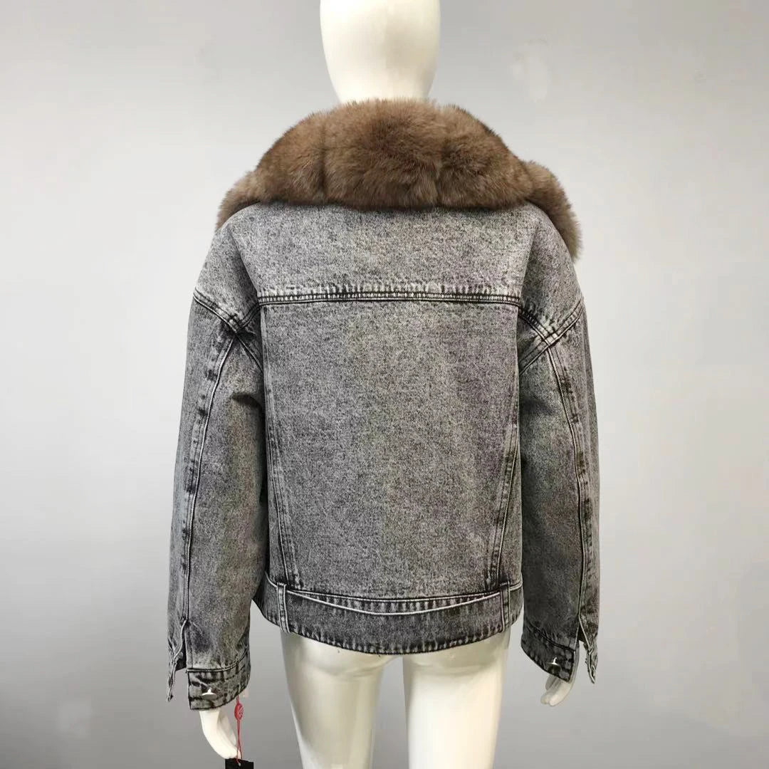 Women's Real Fox Fur Luxury Denim Short Coat