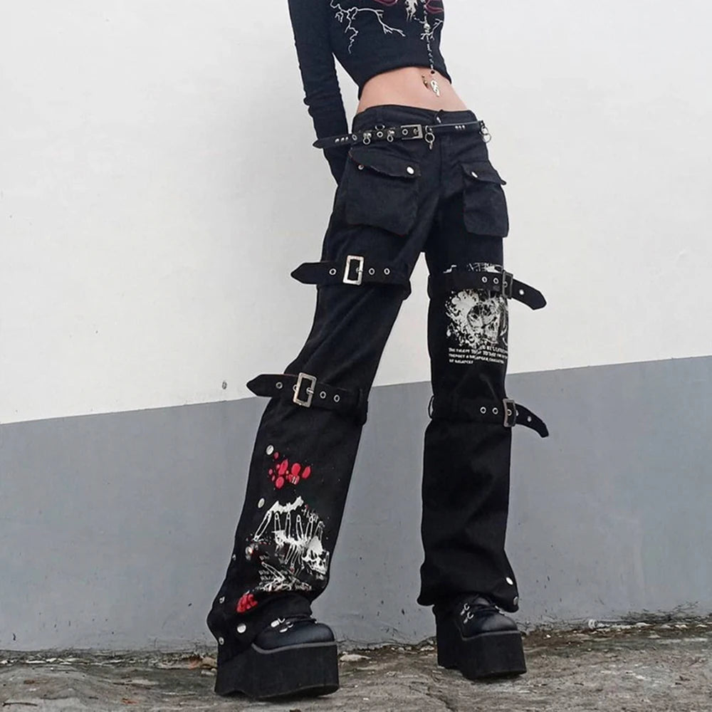 Women's Gothic Emo Alt Pants, Techwear, Hippie Baggy Jeans in Black