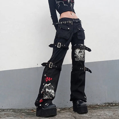 Women's Gothic Emo Alt Pants, Techwear, Hippie Baggy Jeans in Black