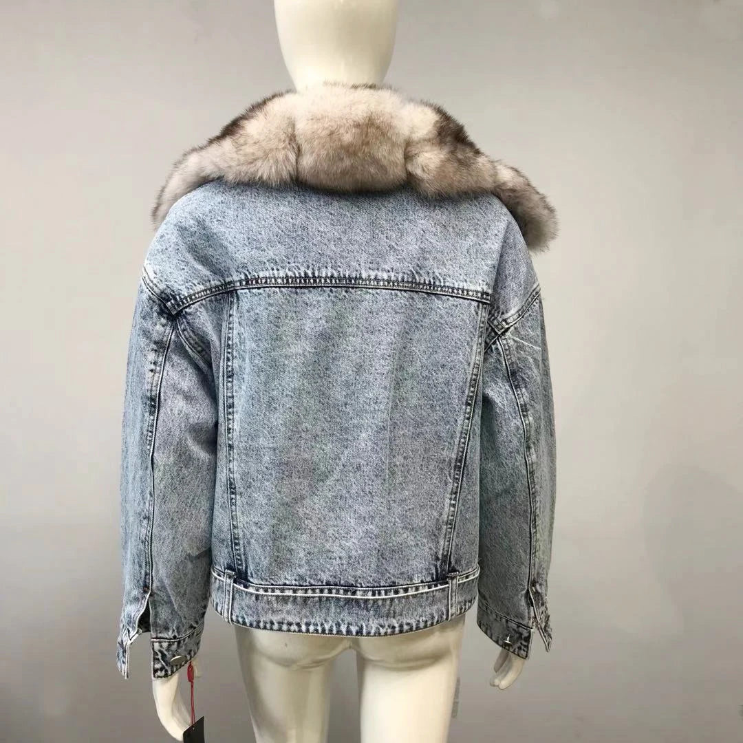 Women's Real Fox Fur Luxury Denim Short Coat