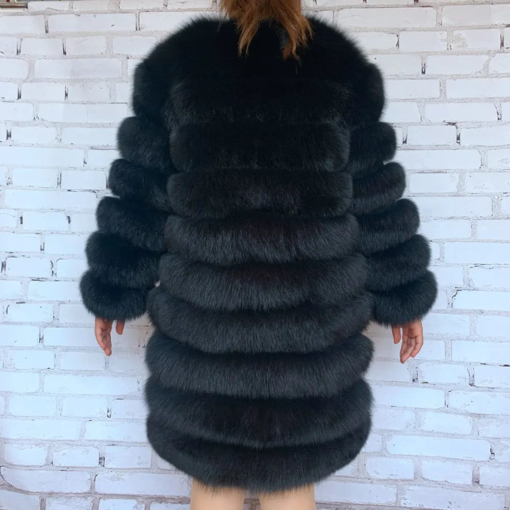 Avant Garde Ribbed Round-Neck Luxury Real Fox Fur Coat