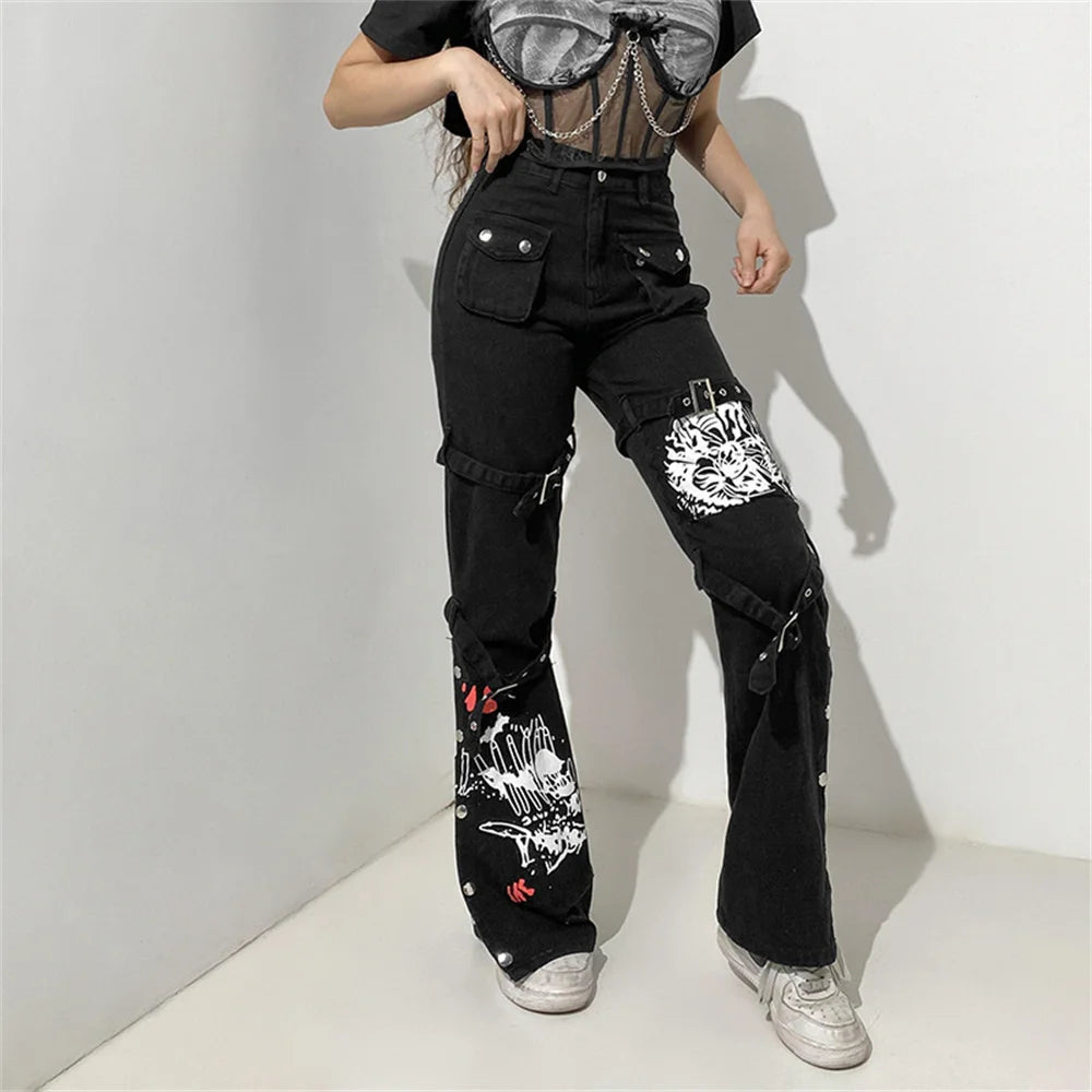 Women's Gothic Emo Alt Pants, Techwear, Hippie Baggy Jeans in Black