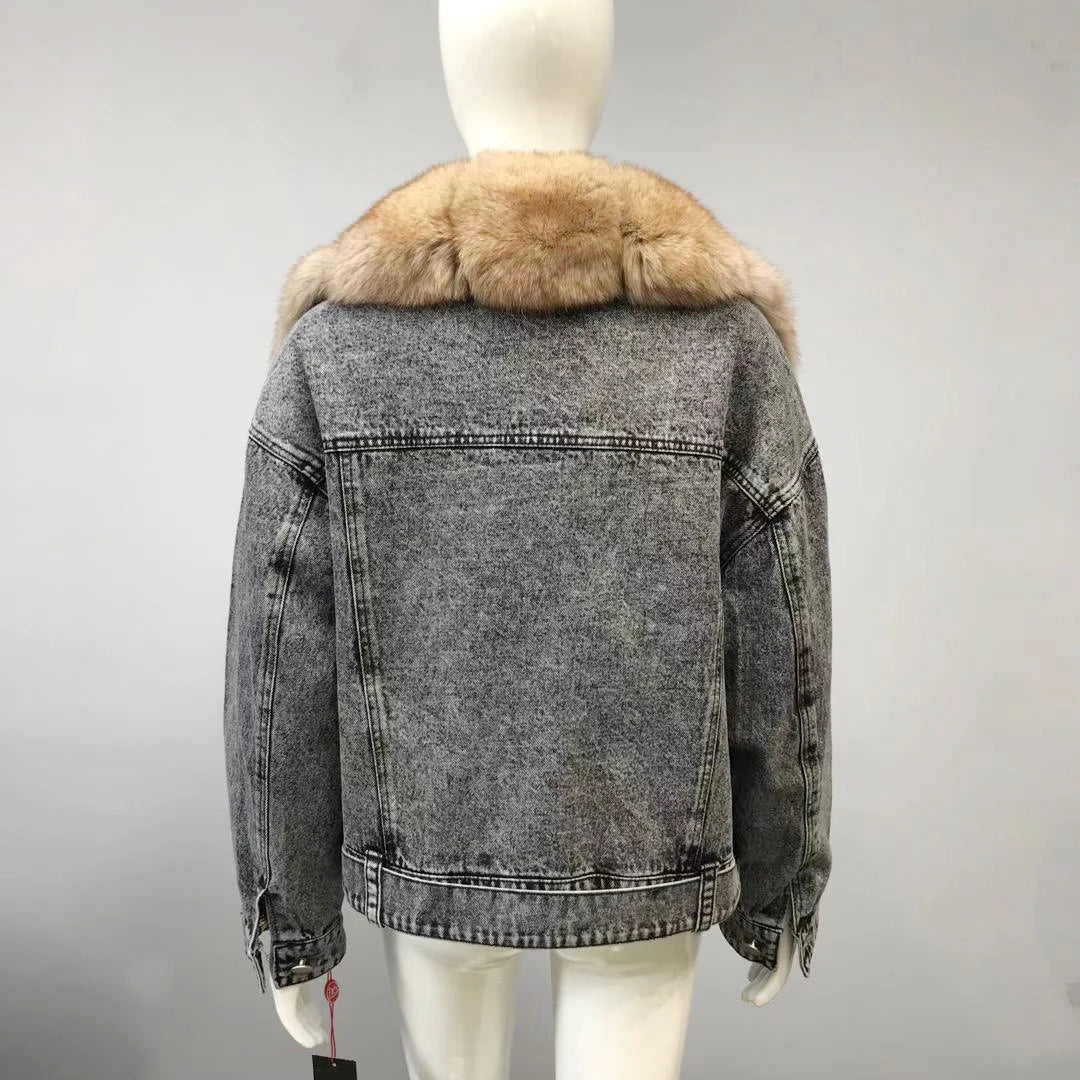 Women's Real Fox Fur Luxury Denim Short Coat