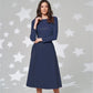 Vireous Faux Leather Long-Sleeve Elegant Dress, Round Neck, Belted