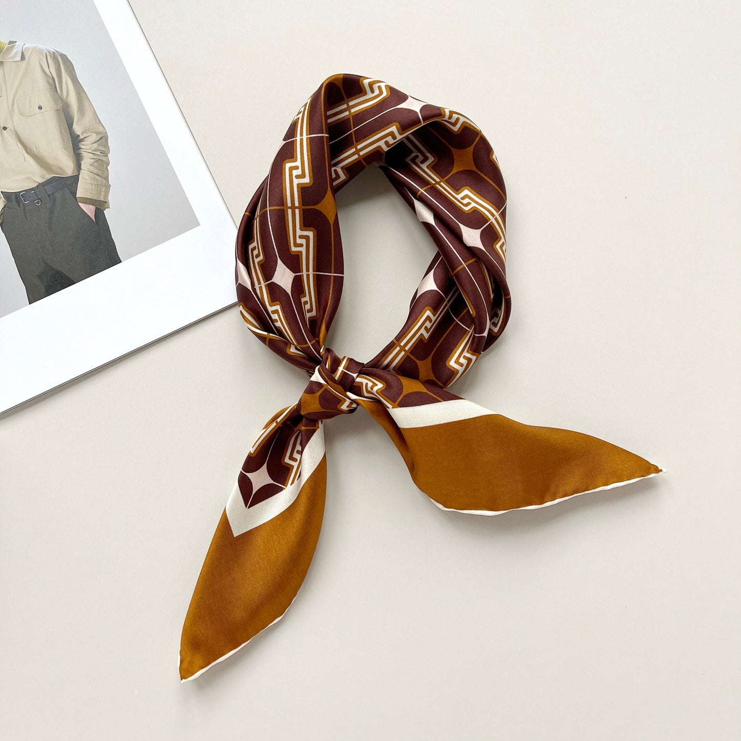 Retro Geometric Silk Square Scarf, 65cm Double-Sided Print Men's Neckerchief with Hand-Rolled Edges