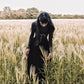 Dark in Love Lux Black Velvet Horn Embroidery Maxi Dress