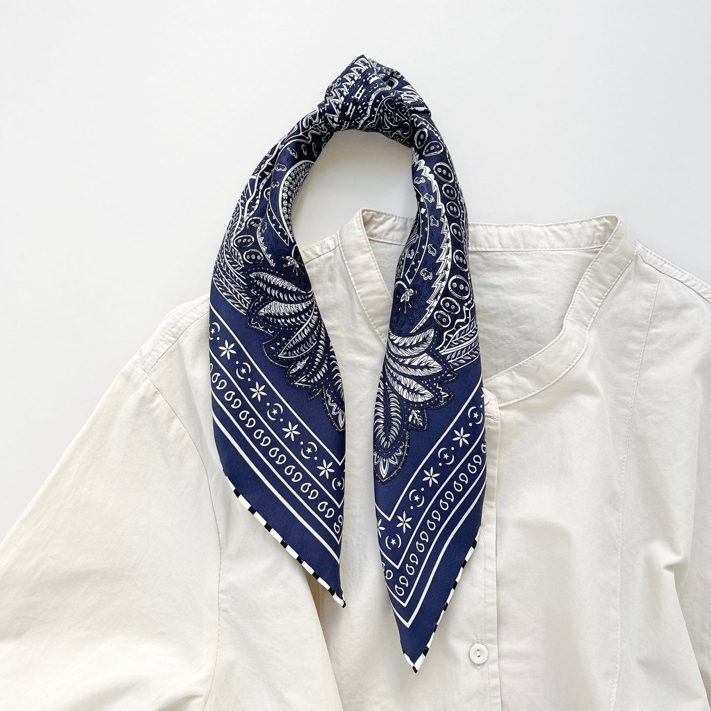 Navy Heritage Paisley Silk Scarf, 53cm Hand-Rolled Unisex Bandana