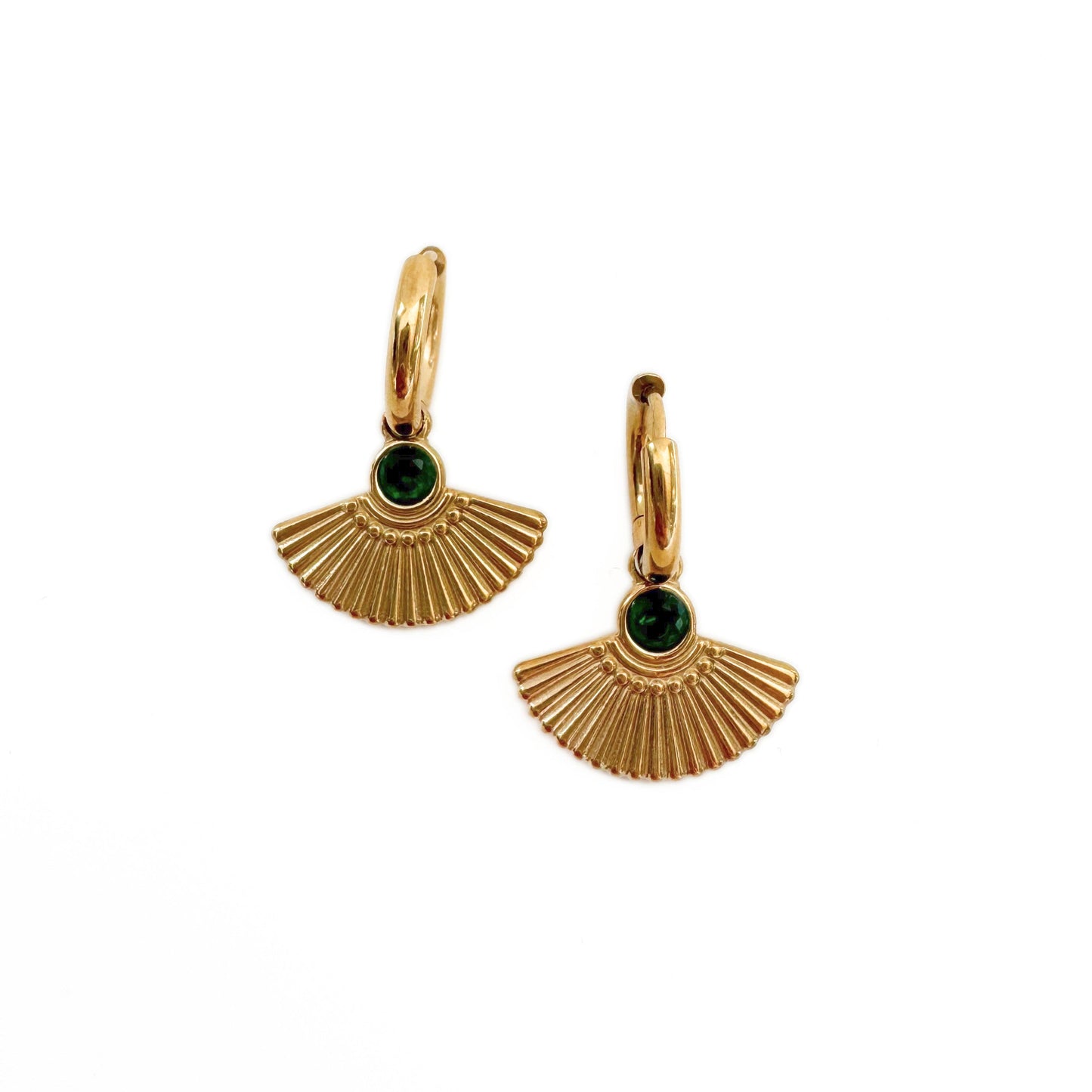 Hanaa Luxe 18K Gold-Plated Green Jewel Fan Huggie Hoops