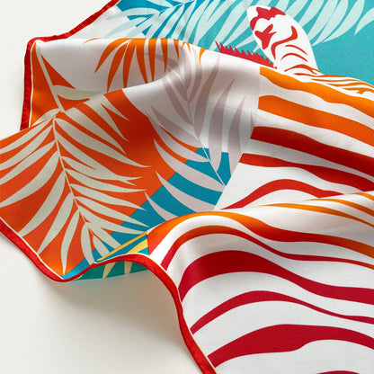 Vibrant Jungle Bloom Silk Scarf, 53cm Double-Sided Print Women's Bandana with Hand-Rolled Edges