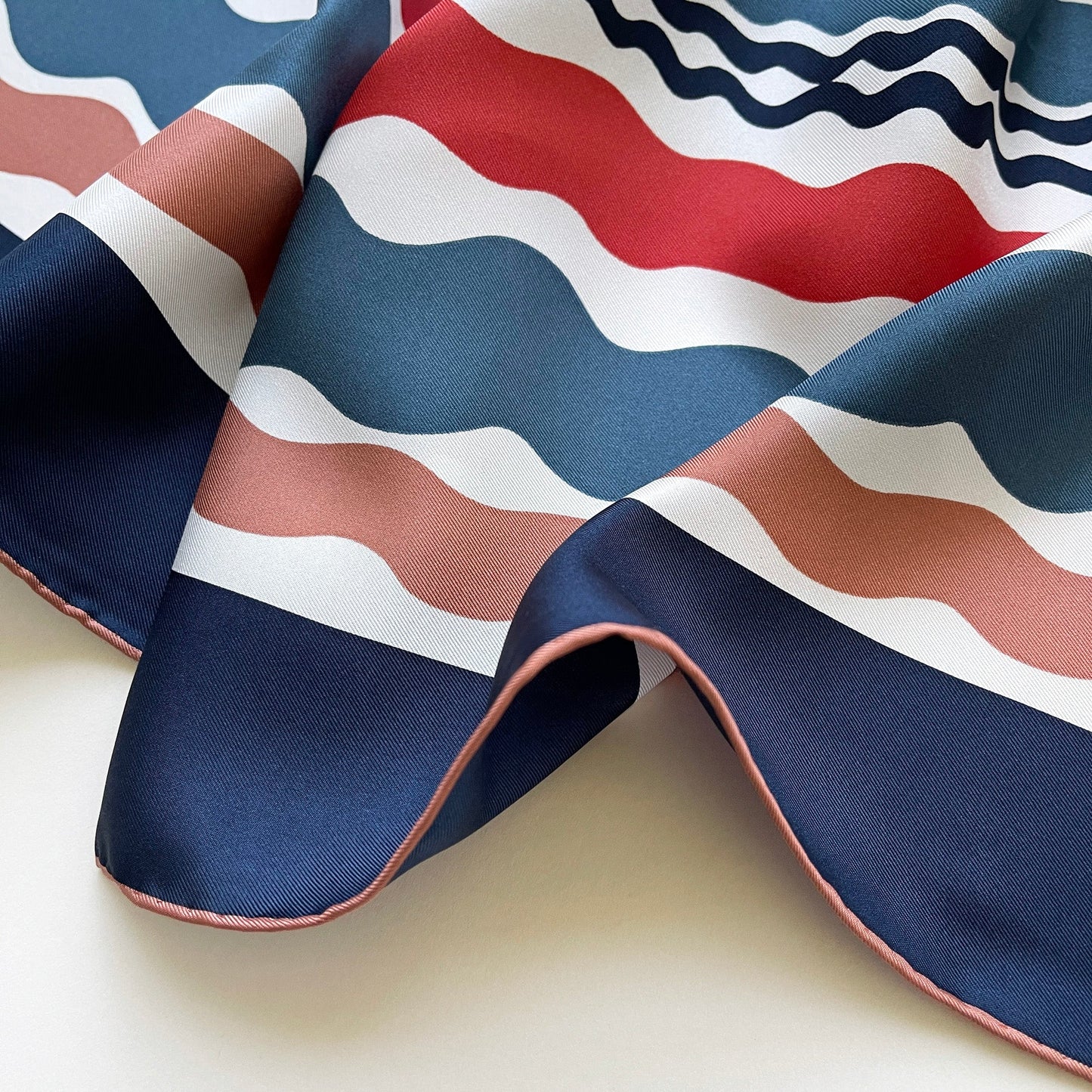 Blue Wave Silk Scarf, 90cm Hand-Rolled Women's Head Scarf