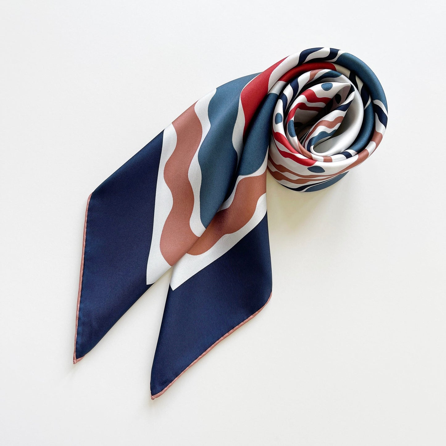 Blue Wave Silk Scarf, 90cm Hand-Rolled Women's Head Scarf