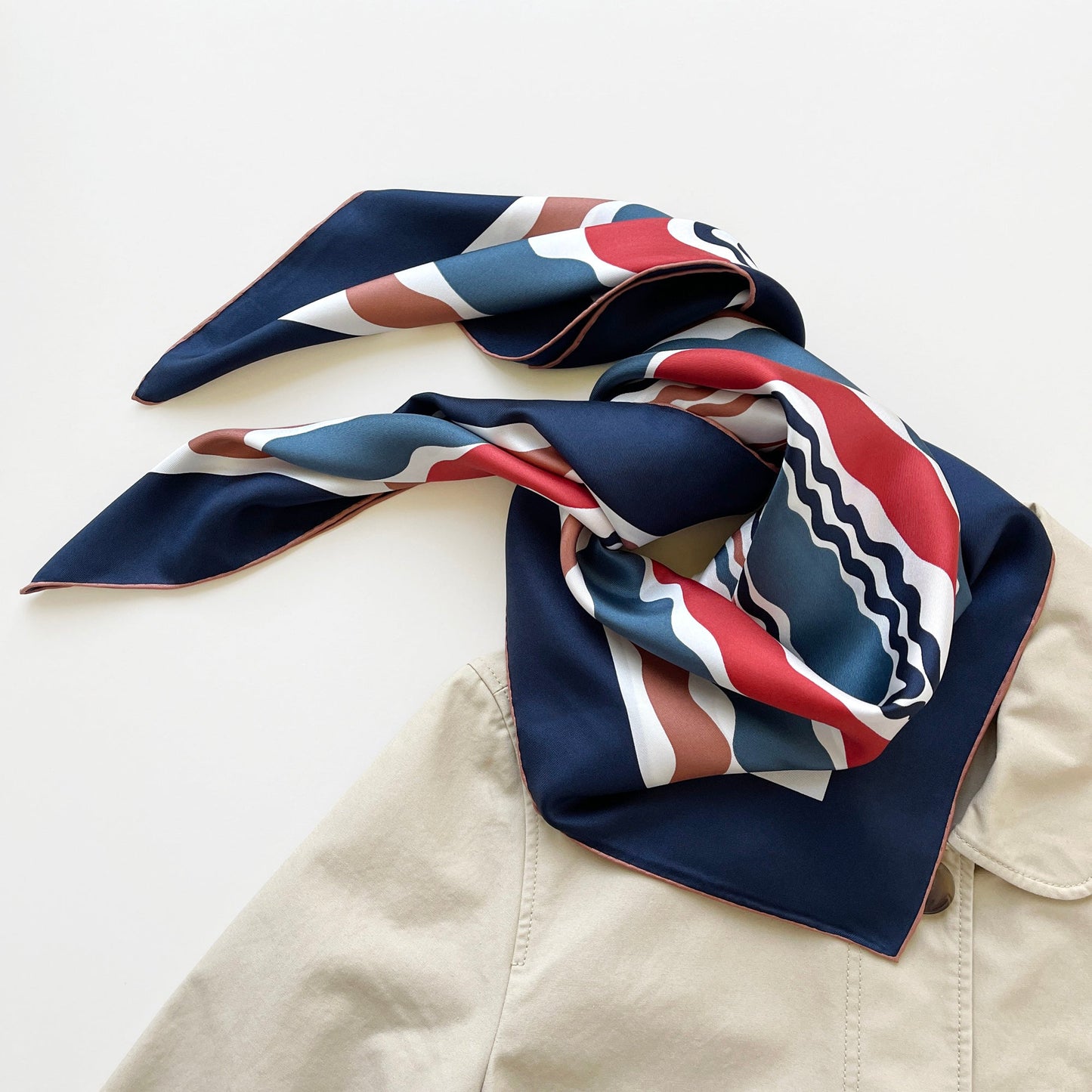 Blue Wave Silk Scarf, 90cm Hand-Rolled Women's Head Scarf