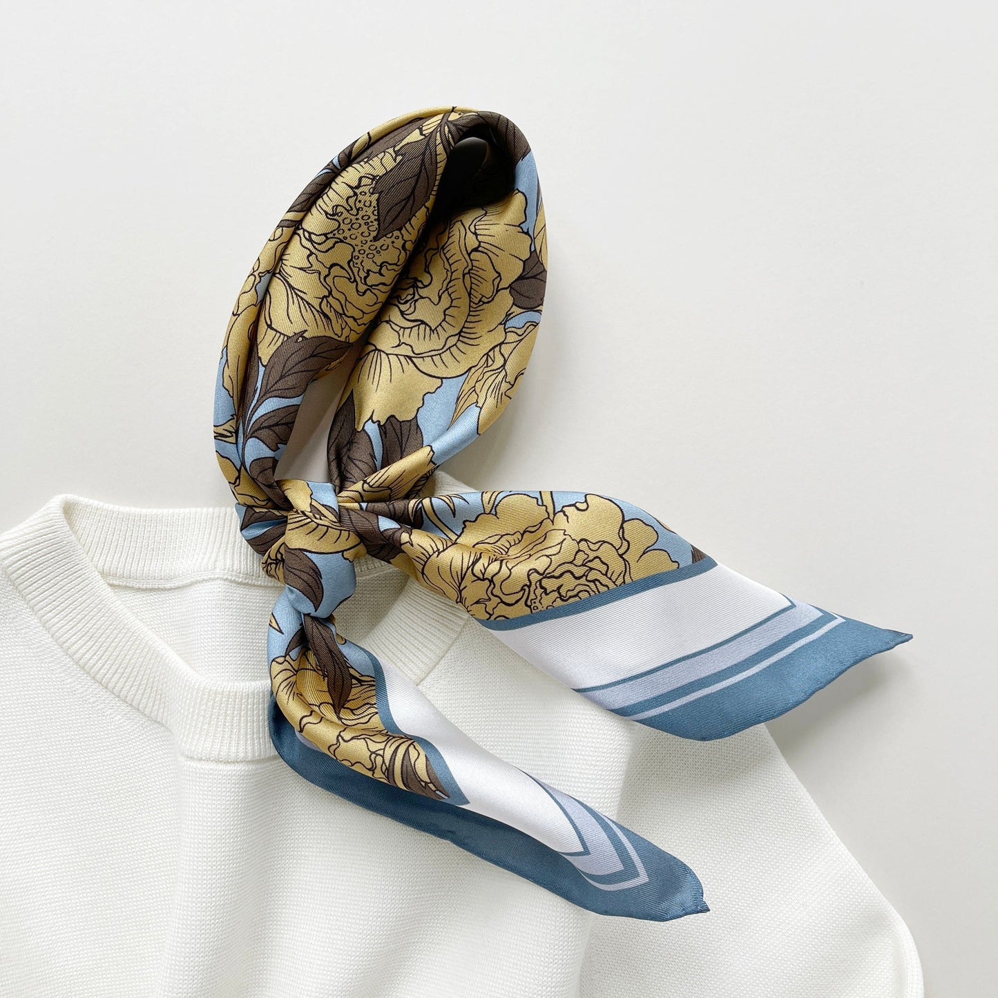 Peony Bloom Silk Scarf, 65cm Hand-Rolled Bandana Scarf