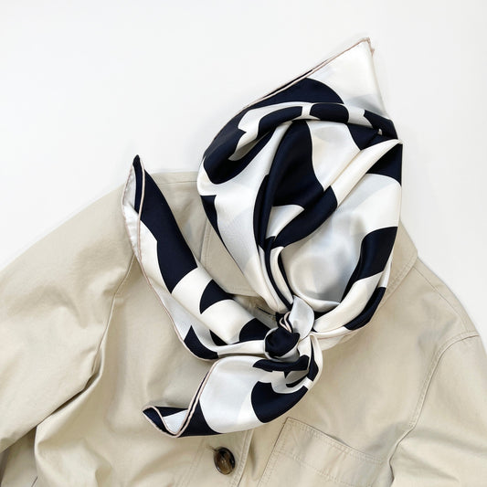 Black and White Camellia Love Silk Scarf, 90cm Hand-Rolled Women's Head Scarf