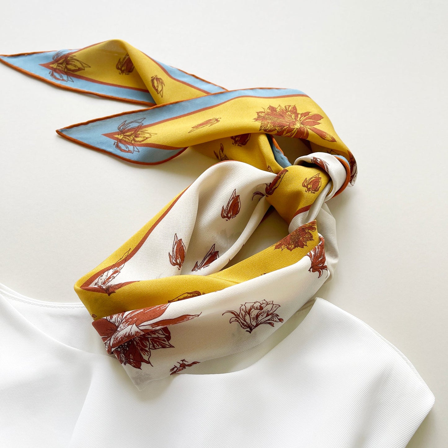 Yellow Floral Print Diamond Silk Scarf, 100% Silk Crêpe de Chine