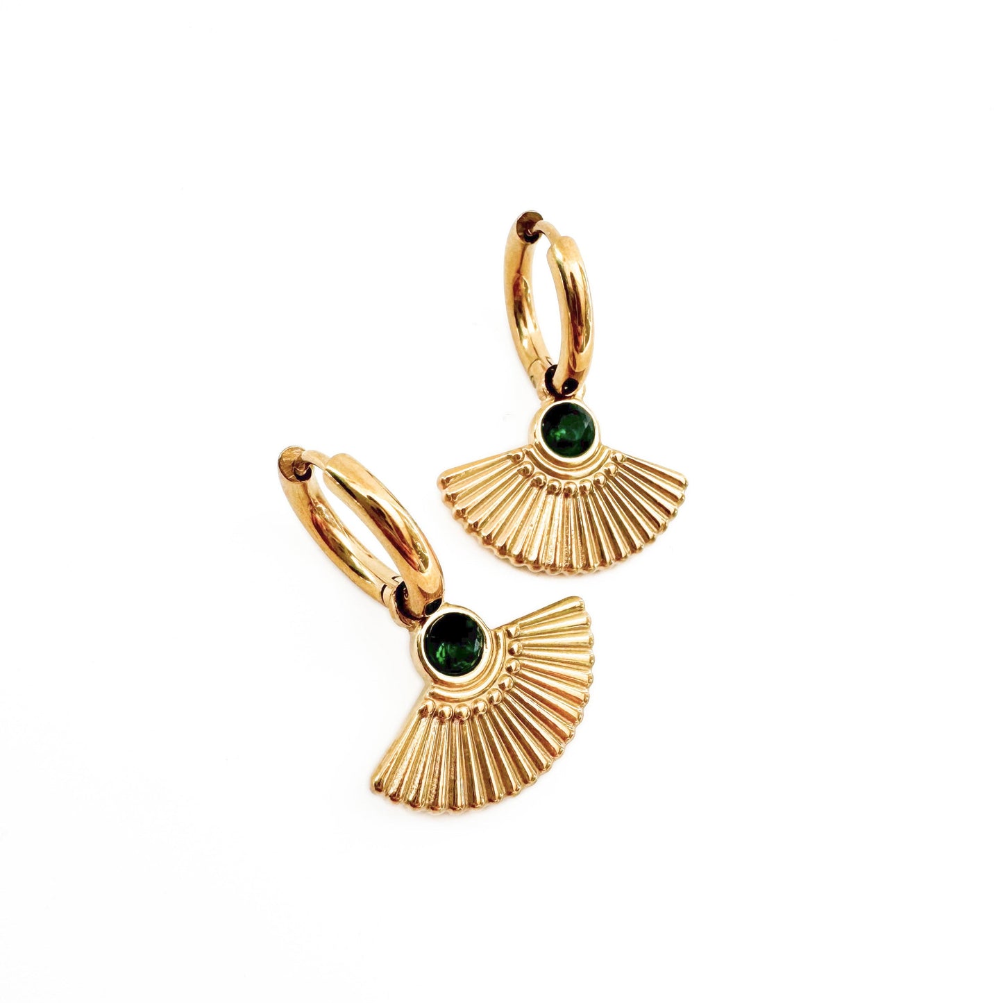 Hanaa Luxe 18K Gold-Plated Green Jewel Fan Huggie Hoops