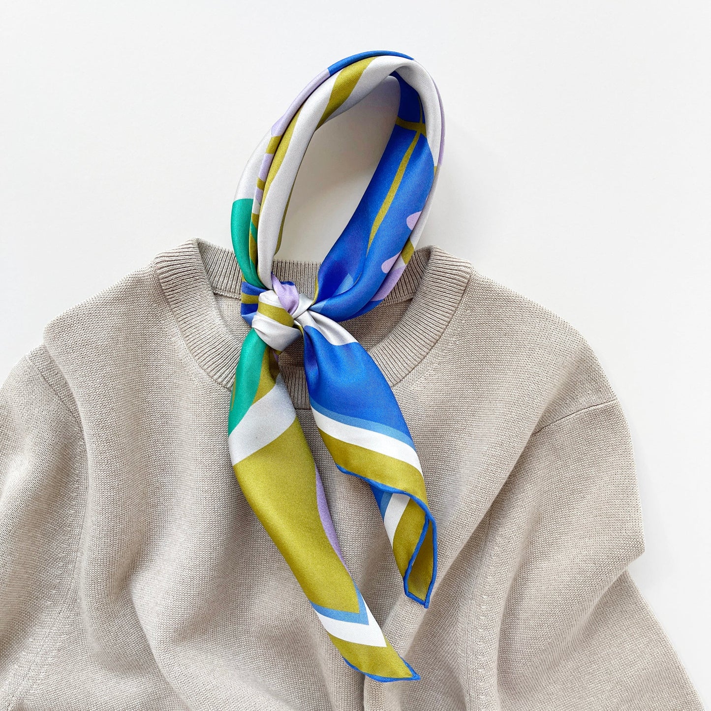 Blue Abstract Lotus Silk Square Scarf, 65cm Double-Sided Print Unisex Bandana Scarf with Hand-rolled Edges