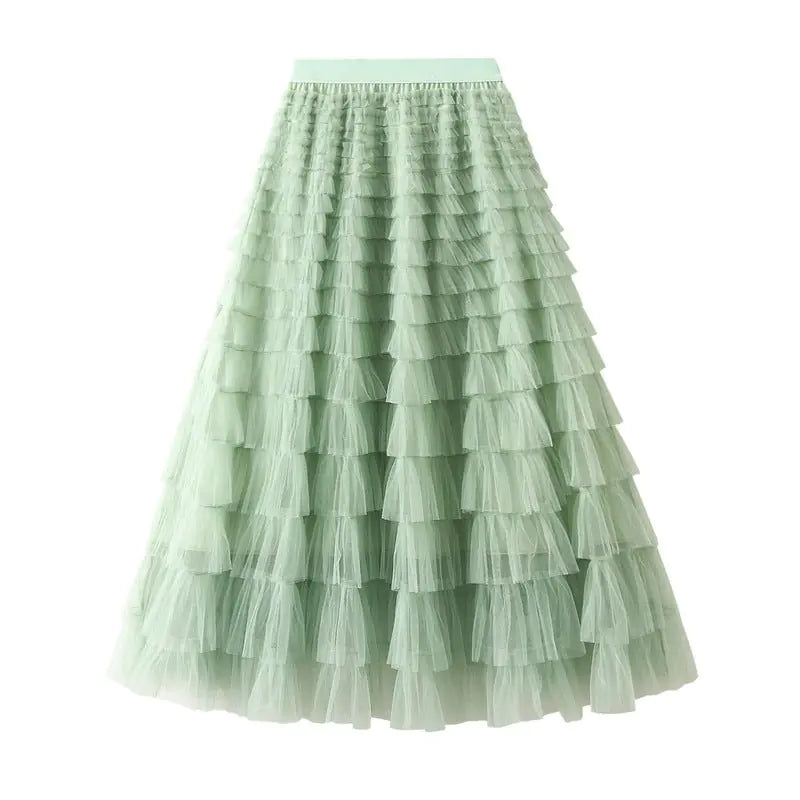 Vireous Solid Colour Ball Gown Long Tiered Skirt