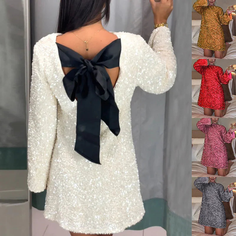 Glittering Sequined Bow-Back Long-Sleeve Special Occasion Dress