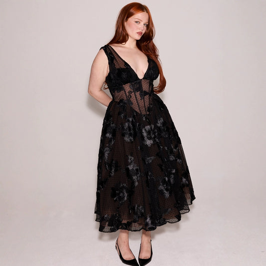 Black Plunging Neckline Sheer Mesh High-End Evening Dress