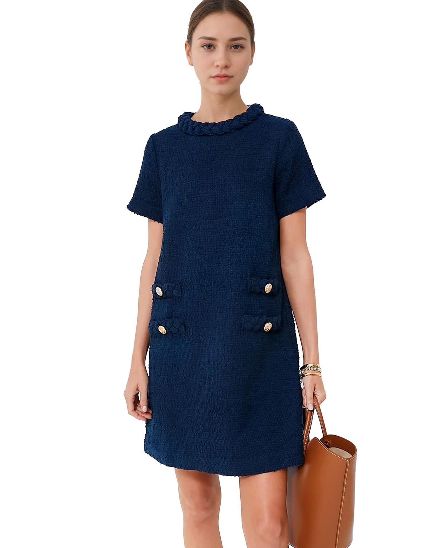 Vireous Elegant Round Neck Short Sleeve Button Tie Dress