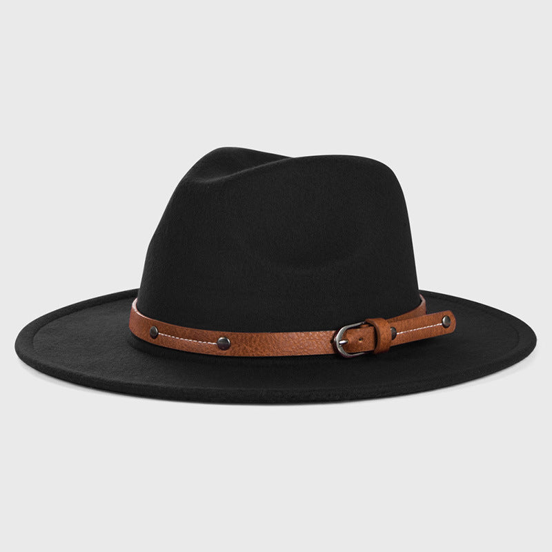 Women's Metal-Buckle Belt Simple Big Brim Jazz Hat, Cowboy Hat