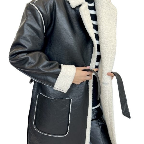 Vireous Casual Thickened Leather Wool Lined Women's Coat