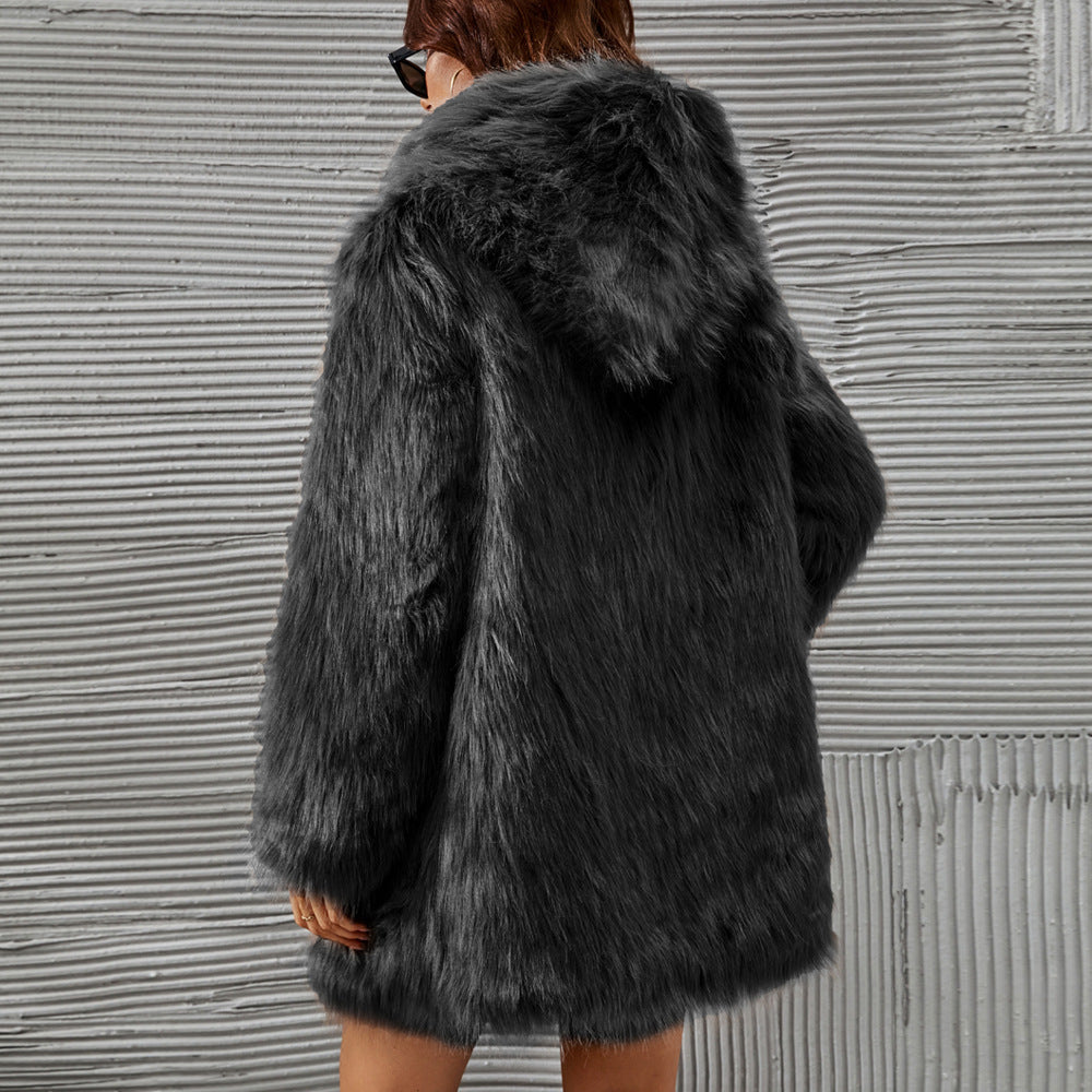 Vireous Women's Glamorous Over-Size Hooded Faux Fur Jacket